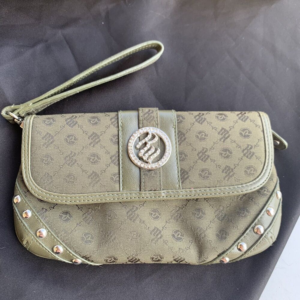 Vintage Y2K Roca Wear Olive Green Rhinestone Studded Pouch Wristlet Clutch